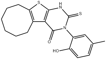 3-(2-hydroxy-5-methylphenyl)-2-sulfanylidene-5,6,7,8,9,10-hexahydro-1H-cycloocta[2,3]thieno[2,4-b]pyrimidin-4-one Struktur