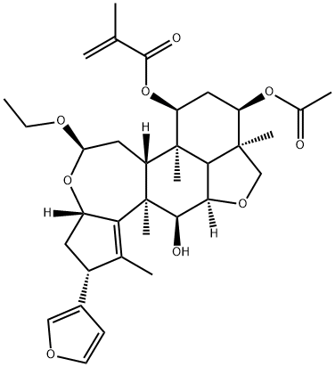 2-Propenoic acid, 2-methyl-, (2R,3aS,5R,6aR,6bR,7S,9R,9aR,11aR,12S,12aR)-9-(acetyloxy)-5-ethoxy-2-(3-furanyl)-3,3a,6,6a,6b,7,8,9,9a,10,11a,11b,12,12a-tetradecahydro-12-hydroxy-1,6b,9a,12a-tetramethyl-2H,5H-cyclopent[a]isobenzofuro[7,1-gh][3]benzoxepin-7-yl ester Struktur