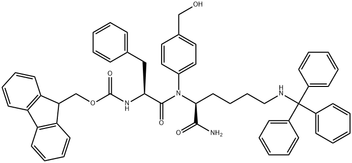 L-Lysinamide, N-[(9H-fluoren-9-ylmethoxy)carbonyl]-L-phenylalanyl-N-[4-(hydroxymethyl)phenyl]-N6-(triphenylmethyl)- Struktur