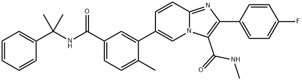 2-(4-Fluorophenyl)-N-methyl-6-(2-methyl-5-(2-phenylpropan-2-ylcarbamoyl)phenyl)imidazo[1,2-a]pyridine-3-carboxamide Struktur