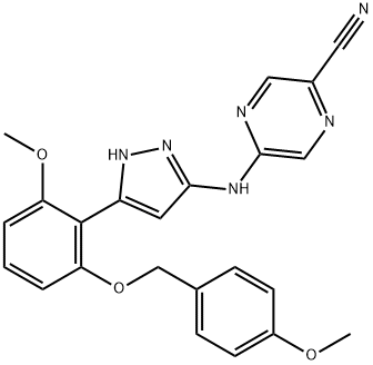 2-Pyrazinecarbonitrile, 5-[[5-[2-methoxy-6-[(4-methoxyphenyl)methoxy]phenyl]-1H-pyrazol-3-yl]amino]- Struktur