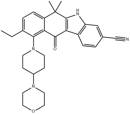 9-ethyl-6,6-dimethyl-10-(4-morpholinopiperidin-1-yl)-11-oxo-6,11-dihydro-5H-benzo[b]carbazole-3-carbonitrile Struktur