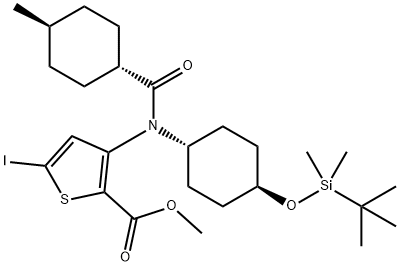 3-[[4-(tert-Butyl-dimethyl-silanyloxy)-cyclohexyl]-(4-methyl-cyclohexanecarbonyl)-amino]-5-iodo-thiophene-2-carboxylic acid methyl ester Struktur