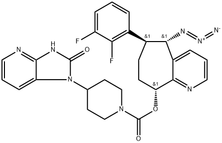 1-Piperidinecarboxylic acid, 4-(2,3-dihydro-2-oxo-1H-imidazo[4,5-b]pyridin-1-yl)-, (5S,6S,9R)-5-azido-6-(2,3-difluorophenyl)-6,7,8,9-tetrahydro-5H-cyclohepta[b]pyridin-9-yl ester Struktur