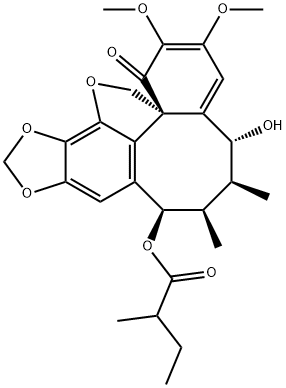 Butanoic acid, 2-methyl-, (5R,6S,7R,8R,14aS)-5,6,7,8-tetrahydro-5-hydroxy-2,3-dimethoxy-6,7-dimethyl-1-oxo-1H,14H-benzo[1,8]cycloocta[1,2,3-cd][1,3]dioxolo[4,5-g]benzofuran-8-yl ester Struktur