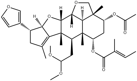 2-Butenoic acid, 2-methyl-, (2aR,3R,5S,5aR,6R,6aR,9R,9aR,10aS,10bR,10cR)-3-(acetyloxy)-6-(2,2-dimethoxyethyl)-9-(3-furanyl)-2a,4,5,5a,6,6a,8,9,9a,10a,10b,10c-dodecahydro-2a,5a,6a,7-tetramethyl-2H,3H-cyclopenta[b]furo[2',3',4':4,5]naphtho[2,3-d]furan-5-yl ester, (2E)- Struktur