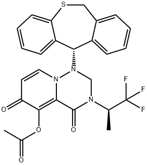 [1-[(11S)-6,11-Dihydrobenzo[c][1]benzothiepin-11-yl]-4,6-dioxo-3-[(2R)-1,1,1-trifluoropropan-2-yl]-2H-pyrido[2,1-f][1,2,4]triazin-5-yl] acetate Struktur