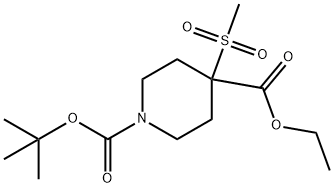 1,4-Piperidinedicarboxylic acid, 4-(methylsulfonyl)-, 1-(1,1-dimethylethyl) 4-ethyl ester Struktur