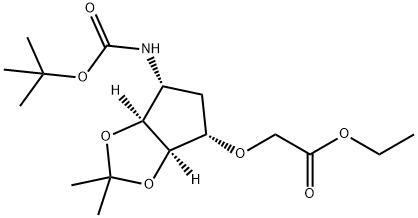 Acetic acid, 2-[[(3aR,4S,6R,6aS)-6-[[(1,1-dimethylethoxy)carbonyl]amino]tetrahydro-2,2-dimethyl-4H-cyclopenta-1,3-dioxol-4-yl]oxy]-, ethyl ester Struktur