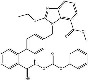 1H-Benzimidazole-7-carboxylic acid, 2-ethoxy-1-[[2'-[imino[[(phenoxycarbonyl)oxy]amino]methyl][1,1'-biphenyl]-4-yl]methyl]-, methyl ester Struktur