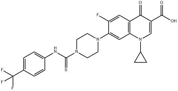 3-Quinolinecarboxylic acid, 1-cyclopropyl-6-fluoro-1,4-dihydro-4-oxo-7-[4-[thioxo[[4-(trifluoromethyl)phenyl]amino]methyl]-1-piperazinyl]- Struktur