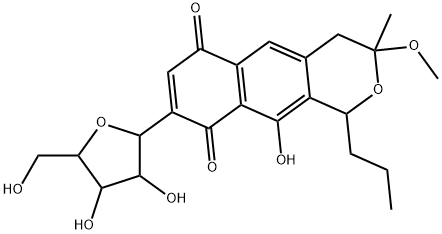 1H-Naphtho[2,3-c]pyran-6,9-dione, 3,4-dihydro-10-hydroxy-3-methoxy-3-methyl-8-pentofuranosyl-1-propyl- (9CI) Struktur