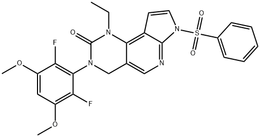 2H-Pyrrolo[3',2':5,6]pyrido[4,3-d]pyrimidin-2-one, 3-(2,6-difluoro-3,5-dimethoxyphenyl)-1-ethyl-1,3,4,7-tetrahydro-7-(phenylsulfonyl)- Struktur