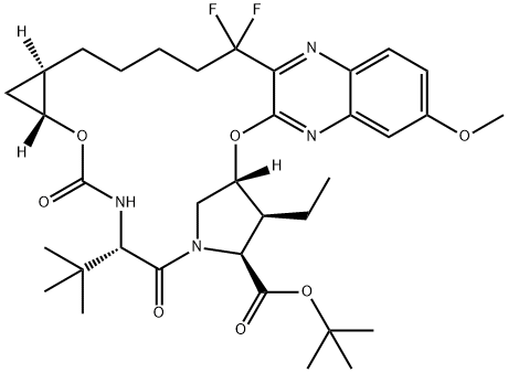 tert-butyl (33R,34S,35S,91R,92R,5S)-5-(tert-butyl)-34-ethyl-14,14-difluoro-17-methoxy-4,7-dioxo-2,8-dioxa-6-aza-1(2,3)-quinoxalina-3(3,1)-pyrrolidina-9(1,2)-cyclopropanacyclotetradecaphane-35-carboxylate Struktur