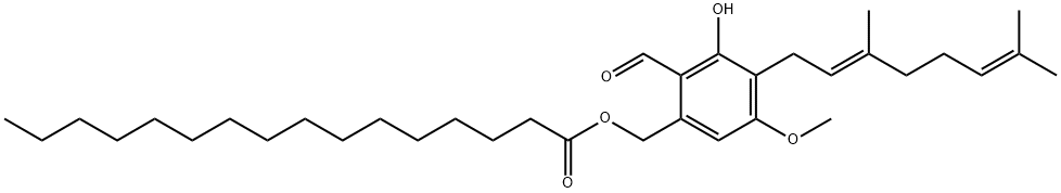 Hexadecanoic acid, [4-[(2E)-3,7-dimethyl-2,6-octadien-1-yl]-2-formyl-3-hydroxy-5-methoxyphenyl]methyl ester Struktur