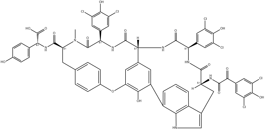 Glycine,N-[2-(3,5-dichloro-4-hydroxyphenyl)-2-oxoacetyl]-D-alanyl-(2R)-2-(3,5-dichloro-4-hydroxyphenyl)glycyl-(2R)-2-(3,4-dihydroxyphenyl)glycyl-(2R)-2-(3,5-dichloro-4-hydroxyphenyl)glycyl-N-methyl-L-tyrosyl-2-(4-hydroxyphenyl)-,cyclic (33(R)5)-ether, cyclic13,35-(1H-indole-3,7-diyl) deriv., (2R)- Struktur