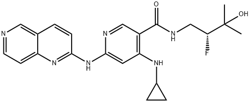 3-Pyridinecarboxamide, 4-(cyclopropylamino)-N-[(2R)-2-fluoro-3-hydroxy-3-methylbutyl]-6-(1,6-naphthyridin-2-ylamino)- Struktur