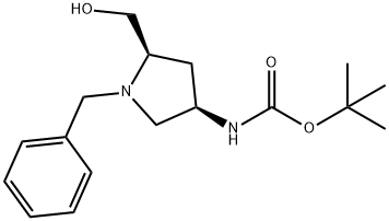 Carbamic acid, N-[(3R,5R)-5-(hydroxymethyl)-1-(phenylmethyl)-3-pyrrolidinyl]-, 1,1-dimethylethyl ester Struktur