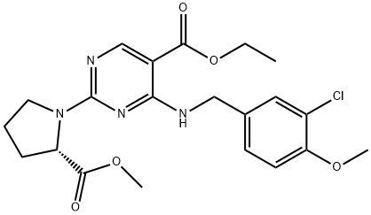 5-Pyrimidinecarboxylic acid, 4-[[(3-chloro-4-methoxyphenyl)methyl]amino]-2-[(2S)-2-(methoxycarbonyl)-1-pyrrolidinyl]-, ethyl ester Struktur