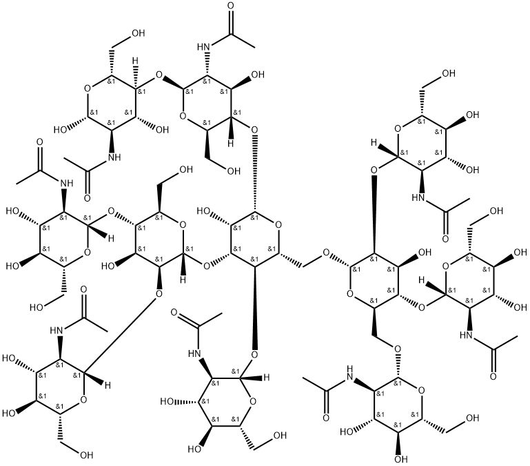 O-2-(Acetylamino)-2-deoxy-beta-D-glucopyranosyl-(1-4)-O-[O-2-(acetylamino)-2-deoxy-beta-D-glucopyranosyl-(1-2)-O-[2-(acetylamino)-2-deoxy-beta-D-glucopyranosyl-(1-4)]-O-[2-(acetylamino)-2-deoxy-beta-D-glucopyranosyl-(1-6)]-alpha-D-mannopyranosyl-(1-6)]-O-[O-2-(acetylamino)-2-deoxy-beta-D-glucopyranosyl-(1-2)-O-[2-(acetylamino)-2-deoxy-beta-D-glucopyranosyl-(1-4)]-alpha-D-mannopyranosyl-(1-3)]-O-beta-D-mannopyranosyl-(1-4)-O-2-(acetylamino)-2-deoxy-beta-D-glucopyranosyl-(1-4)-2-(acetylamino)-2-deoxy-beta-D-glucopyranose Struktur