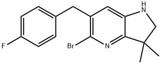 5-bromo-6-[(4-fluorophenyl)methyl]-3,3-dimethyl-1,2-dihydropyrrolo[3,2-b]pyridine Struktur