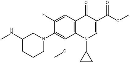 3-Quinolinecarboxylic acid, 1-cyclopropyl-6-fluoro-1,4-dihydro-8-methoxy-7-[3-(methylamino)-1-piperidinyl]-4-oxo-, methyl ester Struktur