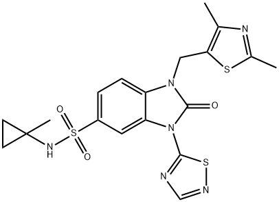 1H-Benzimidazole-5-sulfonamide, 1-[(2,4-dimethyl-5-thiazolyl)methyl]-2,3-dihydro-N-(1-methylcyclopropyl)-2-oxo-3-(1,2,4-thiadiazol-5-yl)- Struktur