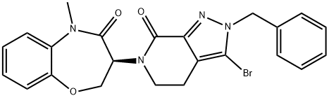 1,5-Benzoxazepin-4(5H)-one, 3-[3-bromo-2,4,5,7-tetrahydro-7-oxo-2-(phenylmethyl)-6H-pyrazolo[3,4-c]pyridin-6-yl]-2,3-dihydro-5-methyl-, (3S)- Struktur