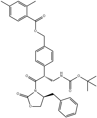 Benzoic acid, 2,4-dimethyl-, [4-[(1R)-1-[[[(1,1-dimethylethoxy)carbonyl]amino]methyl]-2-oxo-2-[(4S)-2-oxo-4-(phenylmethyl)-3-oxazolidinyl]ethyl]phenyl]methyl ester Struktur