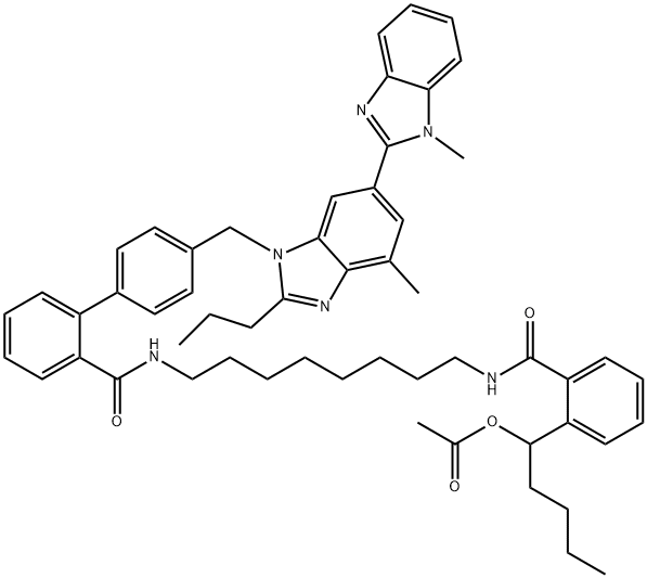 [1,1'-Biphenyl]-2-carboxamide, N-[8-[[2-[1-(acetyloxy)pentyl]benzoyl]amino]octyl]-4'-[(1,4'-dimethyl-2'-propyl[2,6'-bi-1H-benzimidazol]-1'-yl)methyl]- Struktur