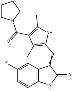 2H-Indol-2-one, 3-[[3,5-dimethyl-4-(1-pyrrolidinylcarbonyl)-1H-pyrrol-2-yl]methylene]-5-fluoro-1,3-dihydro- Struktur