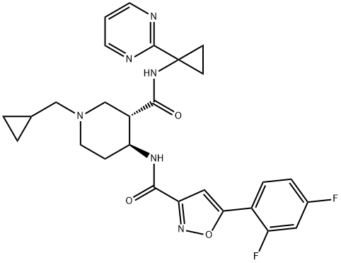 3-Piperidinecarboxamide, 1-(cyclopropylmethyl)-4-[[[5-(2,4-difluorophenyl)-3-isoxazolyl]carbonyl]amino]-N-[1-(2-pyrimidinyl)cyclopropyl]-, (3S,4S)- Struktur