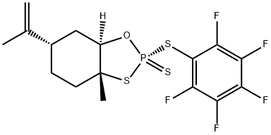 1,3,2-Benzoxathiaphosphole, hexahydro-3a-methyl-6-(1-methylethenyl)-2-[(2,3,4,5,6-pentafluorophenyl)thio]-, 2-sulfide, (2R,3aR,6S,7aR)- Struktur