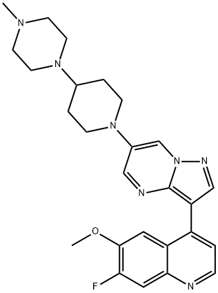 Quinoline, 7-fluoro-6-methoxy-4-[6-[4-(4-methyl-1-piperazinyl)-1-piperidinyl]pyrazolo[1,5-a]pyrimidin-3-yl]- Struktur