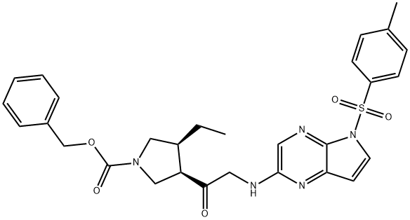 1-Pyrrolidinecarboxylic acid, 3-ethyl-4-[2-[[5-[(4-methylphenyl)sulfonyl]-5H-pyrrolo[2,3-b]pyrazin-2-yl]amino]acetyl]-, phenylmethyl ester, (3S,4R)- Struktur