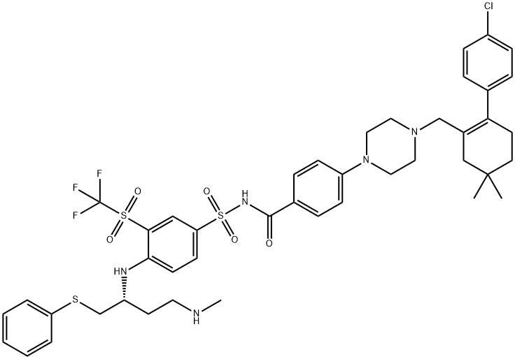 Benzamide, 4-[4-[[2-(4-chlorophenyl)-5,5-dimethyl-1-cyclohexen-1-yl]methyl]-1-piperazinyl]-N-[[4-[[(1R)-3-(methylamino)-1-[(phenylthio)methyl]propyl]amino]-3-[(trifluoromethyl)sulfonyl]phenyl]sulfonyl]- Struktur