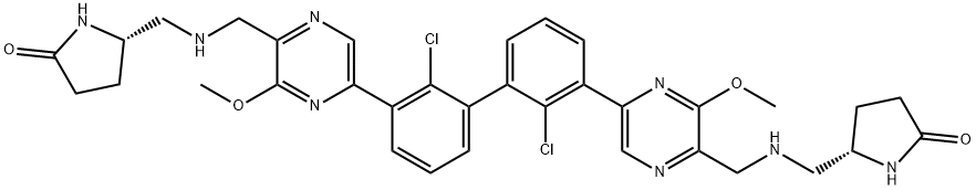 (5S,5'S)-5,5'-((((5,5'-(2,2'-dichloro-[1,1'-biphenyl]-3,3'-diyl)bis(3-methoxypyrazine-5,2-diyl))bis(methylene))bis(azanediyl))bis(methylene))bis(pyrrolidin-2-one) 結(jié)構(gòu)式