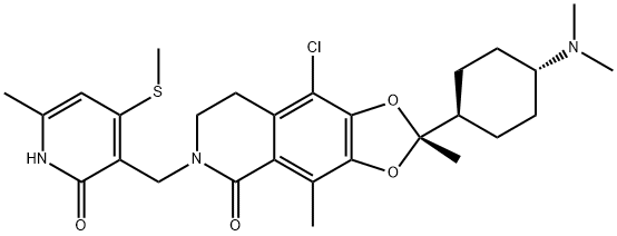 1,3-Dioxolo[4,5-g]isoquinolin-5(6H)-one, 9-chloro-6-[[1,2-dihydro-6-methyl-4-(methylthio)-2-oxo-3-pyridinyl]methyl]-2-[trans-4-(dimethylamino)cyclohexyl]-7,8-dihydro-2,4-dimethyl-, (2R)- Struktur