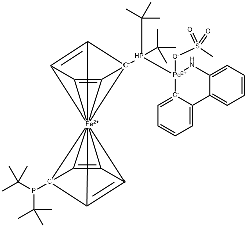 Palladium, [2'-(amino-κN)[1,1'-biphenyl]-2-yl-κC][1-[bis(1,1-dimethylethyl)phosphino-κP]-1'-[bis(1,1-dimethylethyl)phosphino]ferrocene](methanesulfonato-κO)- Struktur