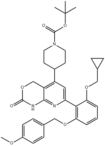 1-Piperidinecarboxylic acid, 4-[7-[2-(cyclopropylmethoxy)-6-[(4-methoxyphenyl)methoxy]phenyl]-1,4-dihydro-2-oxo-2H-pyrido[2,3-d][1,3]oxazin-5-yl]-, 1,1-dimethylethyl ester Struktur