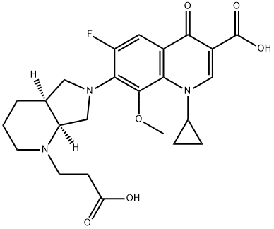 3-Quinolinecarboxylic acid, 7-[(4aS,7aS)-1-(2-carboxyethyl)octahydro-6H-pyrrolo[3,4-b]pyridin-6-yl]-1-cyclopropyl-6-fluoro-1,4-dihydro-8-methoxy-4-oxo- Struktur