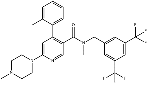 3-Pyridinecarboxamide, N-[[3,5-bis(trifluoromethyl)phenyl]methyl]-N-methyl-4-(2-methylphenyl)-6-(4-methyl-1-piperazinyl)- Struktur