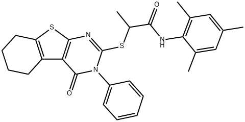 2-[(4-oxo-3-phenyl-5,6,7,8-tetrahydro-[1]benzothiolo[2,3-d]pyrimidin-2-yl)sulfanyl]-N-(2,4,6-trimethylphenyl)propanamide Struktur