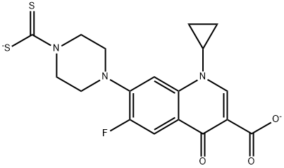 1-cyclopropyl-7-(4-dithiocarboxylatopiperazin-1-yl)-6-fluoro-4-oxo-1,4-dihydroquinoline-3-carboxylate Struktur