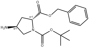 1,2-Pyrrolidinedicarboxylic acid, 4-amino-, 1-(1,1-dimethylethyl) 2-(phenylmethyl) ester, (2R,4S)-rel- Struktur