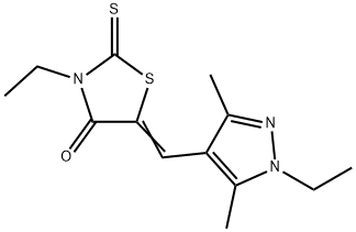 (5Z)-3-ethyl-5-[(1-ethyl-3,5-dimethylpyrazol-4-yl)methylidene]-2-sulfanylidene-1,3-thiazolidin-4-one Struktur