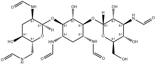 O-3-Deoxy-3-(formylamino)-α-D-glucopyranosyl-(1→6)-O-[2,3,6-trideoxy-2,6-bis(formylamino)-α-D-ribo-hexopyranosyl-(1→4)]-2-deoxy-N,N''-diformyl-D-streptamine Struktur