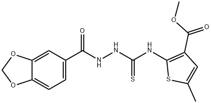 methyl 2-(2-(benzo[d][1,3]dioxole-5-carbonyl)hydrazinecarbothioamido)-5-methylthiophene-3-carboxylate Struktur