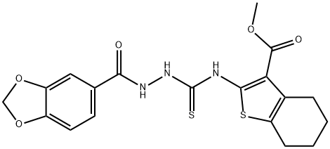 methyl 2-(2-(benzo[d][1,3]dioxole-5-carbonyl)hydrazinecarbothioamido)-4,5,6,7-tetrahydrobenzo[b]thiophene-3-carboxylate Struktur