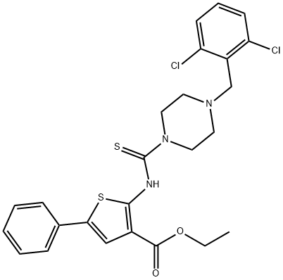 ethyl 2-(4-(2,6-dichlorobenzyl)piperazine-1-carbothioamido)-5-phenylthiophene-3-carboxylate Struktur